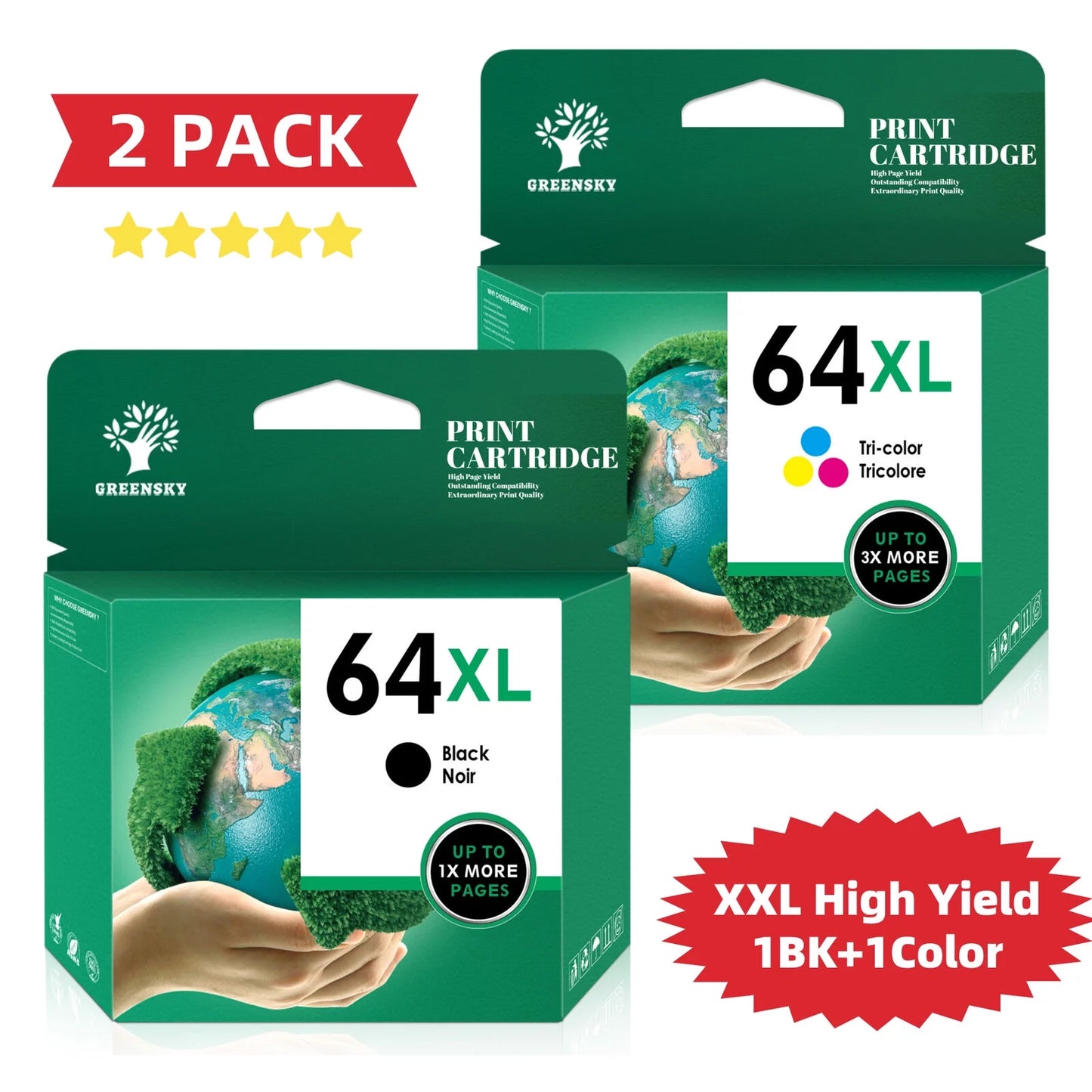 Greensky Ink 64XL Replacement for HP Printer(1 Black / 1 Tri-Color)