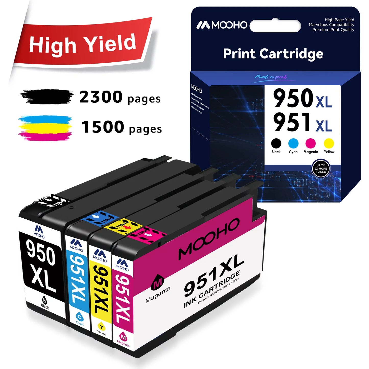 Mooho 950XL and 951 Combo Pack Replacement for HP Printer (Black Cyan Magenta Yellow, 4-Pack)