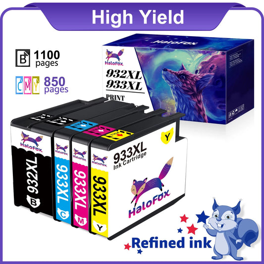 Halofox 932XL Black Ink and 933XL Color Multipack Replacement for HP (Black Cyan Magenta Yellow,4 Packs)