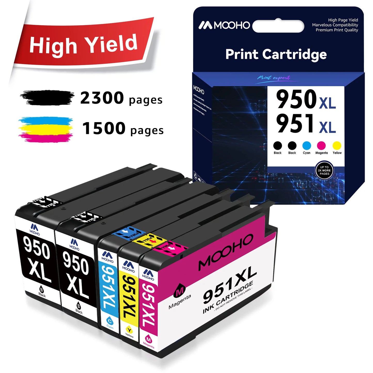 Mooho 950XL and 951 Combo Pack Replacement for HP Printer (Black Cyan Magenta Yellow, 5-Pack)