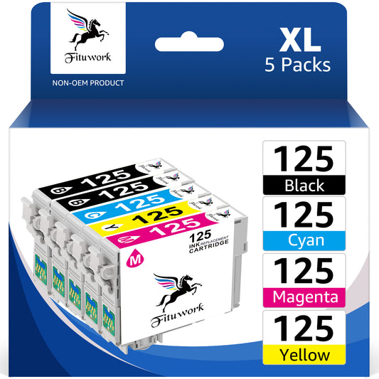 5-Pack 125 Ink Cartridge Replacement for Epson 125 T125 use for NX125 NX127 NX130 NX230 NX420 NX530 NX625 Workforce 320 323 325 520 Printer (2 Black, 1 Cyan, 1 Magenta, 1 Yellow)