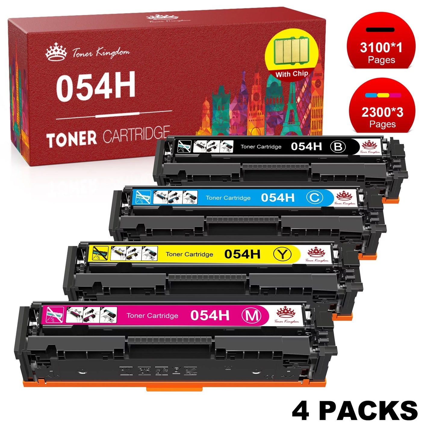 054 054H CRG-054 Toner Cartridge Replacement for Canon Printer(Black, Yellow, Cyan, Magenta, 4Pack)