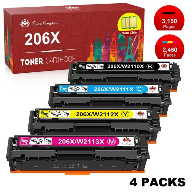 206A 206X Toner Cartridge(with Chip) for HP Printer (Black Cyan Yellow Magenta, 4-Pack)