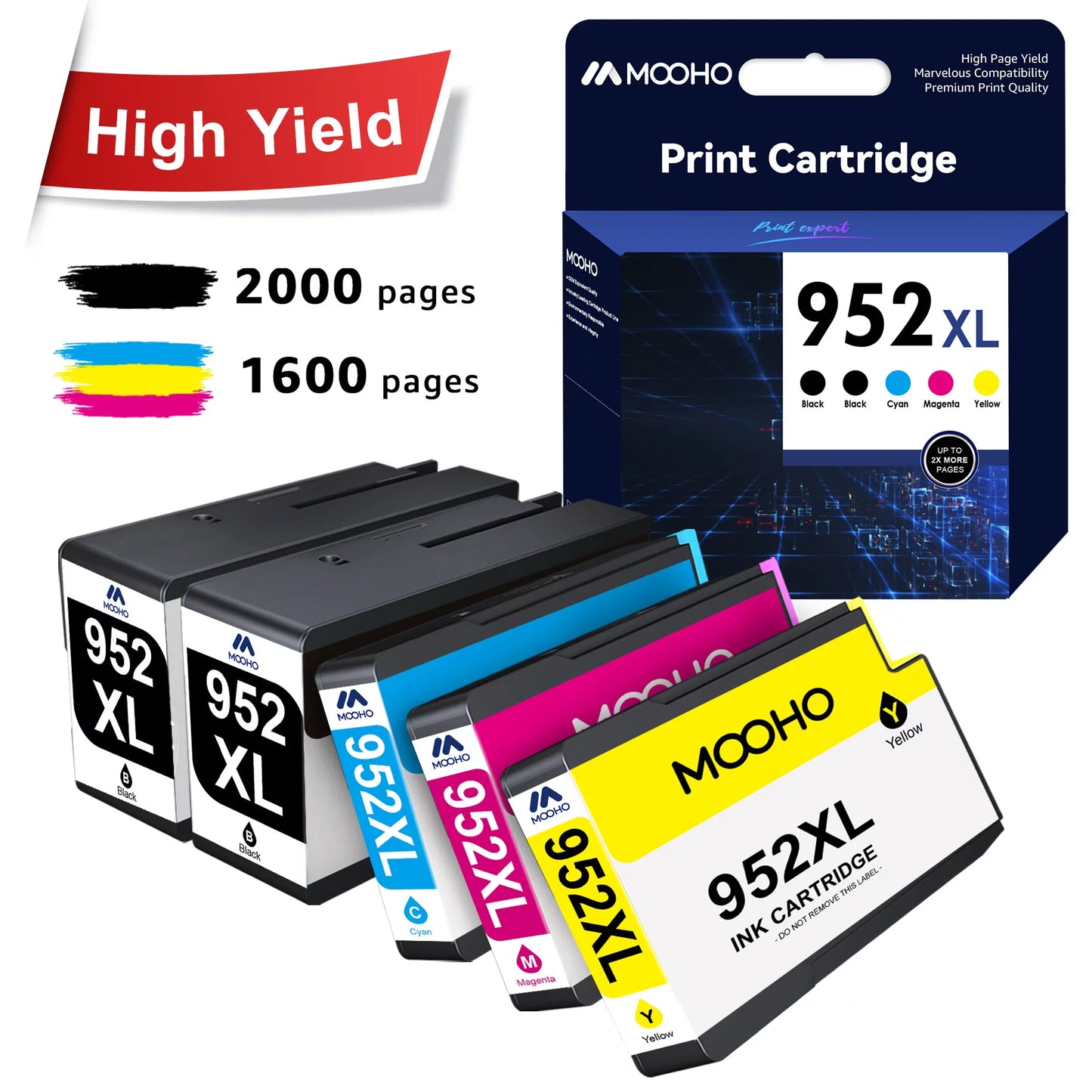 Mooho 952 XL Ink Cartridge Replacement for HP (Black, Cyan, Magenta, Yellow, 5-Pack)