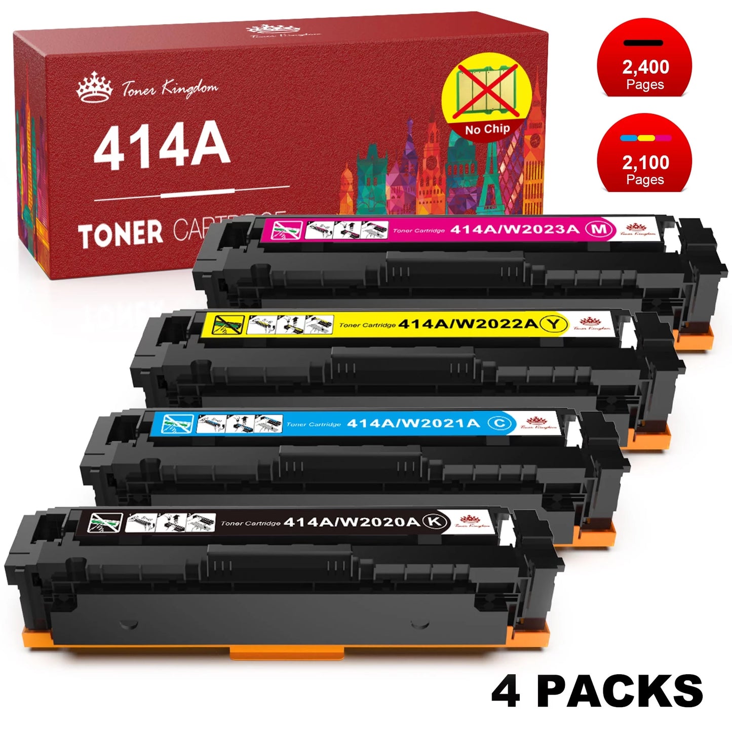 414A 414X Toner Cartridge 4 Pack (No Chip) for HP ( black,cyan,magenta,yellow)