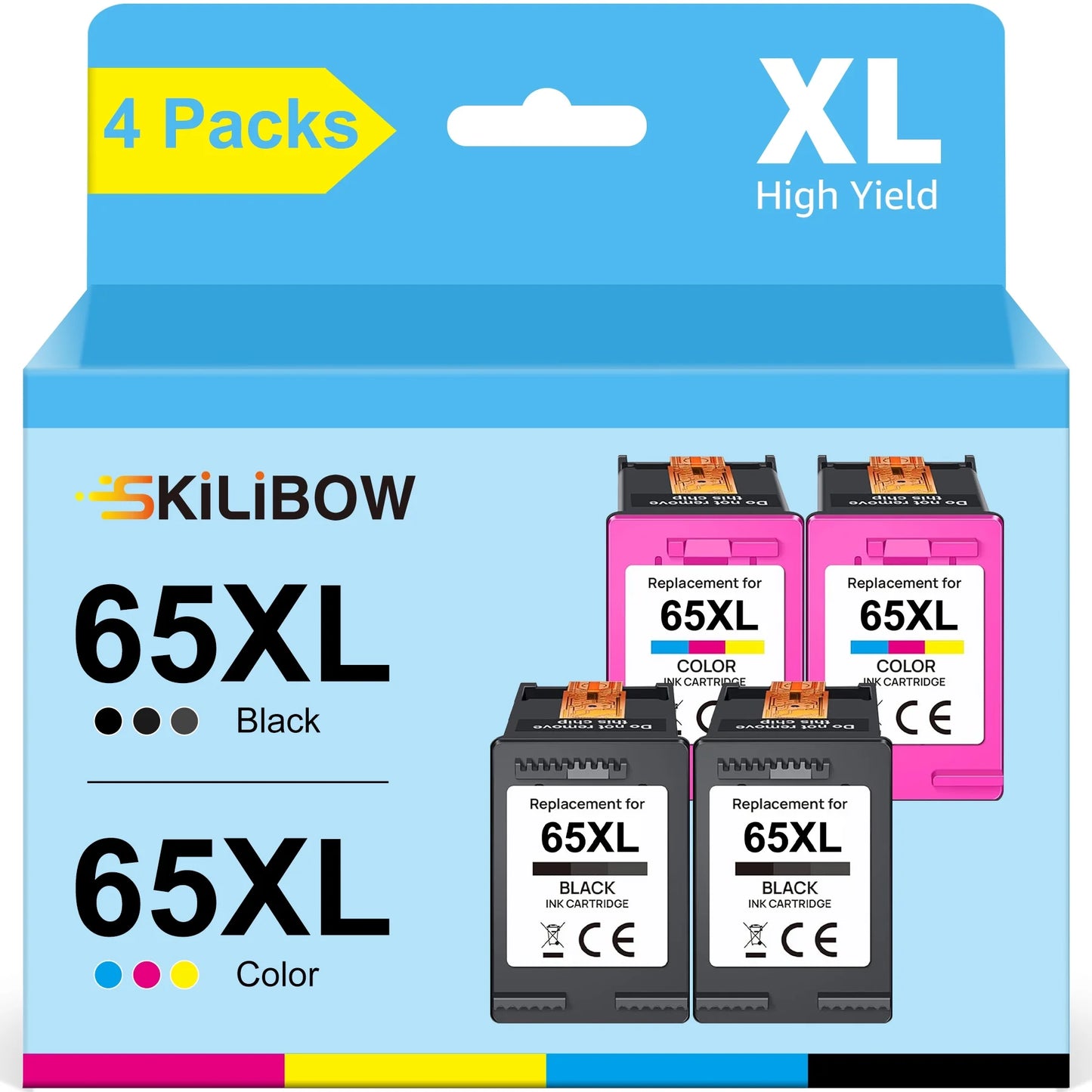 65 XL Ink Cartridges Black/Color Combo Pack High Yield Replacement for HP Ink 65 65XL for  2622 2652 Envy 5055 5000 5070 Printer (2 Black,2 Tri-Color)