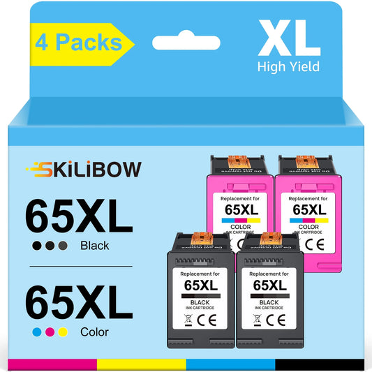 65 XL Ink Cartridges Black/Color Combo Pack High Yield Replacement for HP Ink 65 65XL for  2622 2652 Envy 5055 5000 5070 Printer (2 Black,2 Tri-Color)