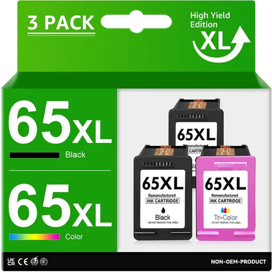 65XL Ink Cartridges for HP Ink 65 for DeskJet  2640 Envy 5000 5055 5052 5014 5010 5070 AMP 100 120 130 Printers (3 Pack)