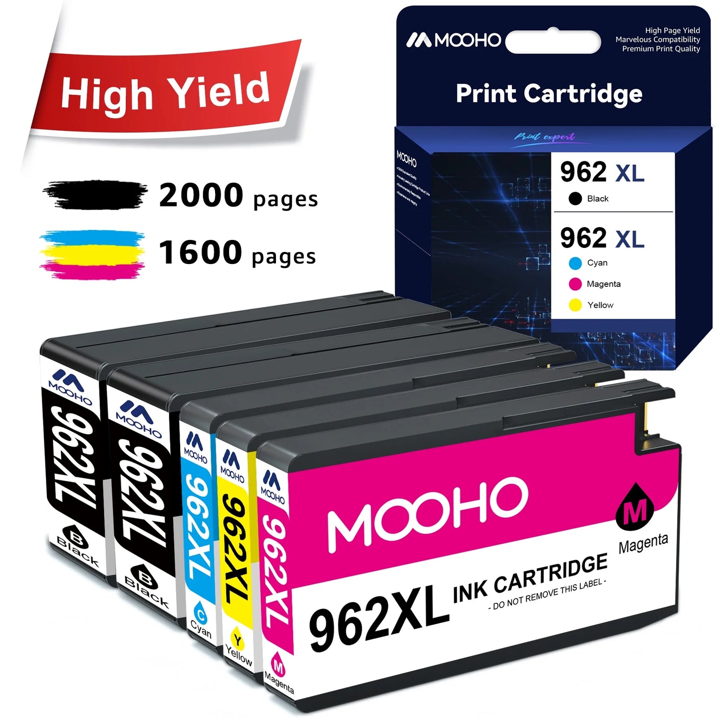 962XL 962 Ink Cartridges Replacement for HP Printer Ink 962 XL 962XL Combo Pack for HP OfficeJet Pro 9015 9010 9025 9020 9018 Printer (2 Black, 1 Cyan, 1 Magenta, 1 Yellow, 5 Pack)