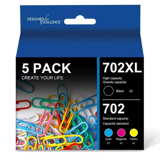 5 Pack 702XL New Upgraded Chips Ink Cartridge for Workforce Pro WF-3720 WF-3730 WF-3733 Printer