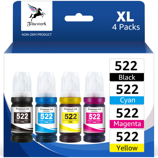 522 T522 Ink Bottle replacement for Epson 522(Black, Cyan, Magenta, Yellow 4-Pack)