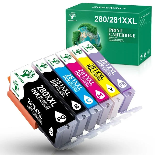 280 281 Ink Cartridges for Canon (1 PGBK 1 BK 1 Cyan 1 Magenta 1 Yellow 1 Photo Blue, 6 Pack)