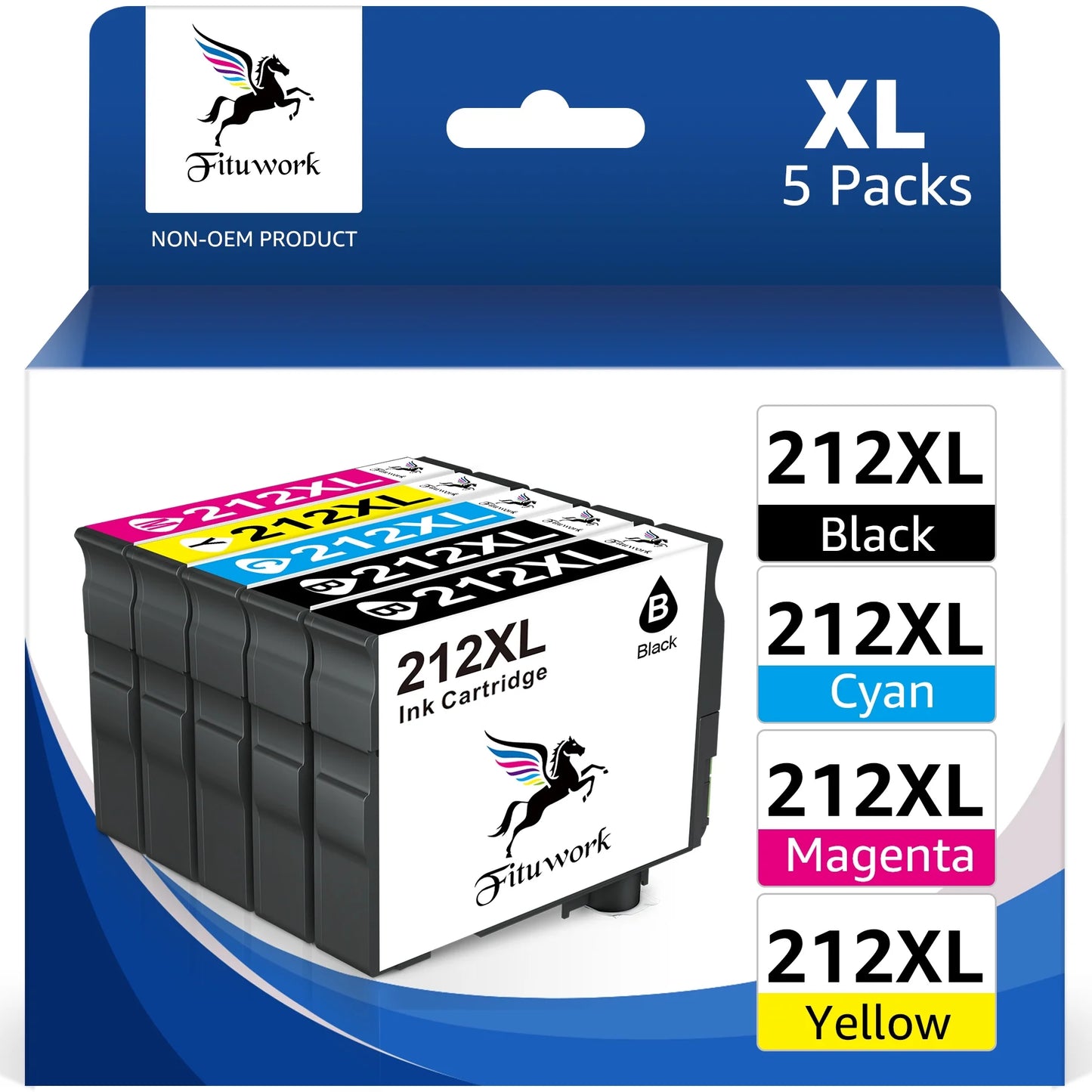 212 Ink 212 XL 212XL Ink Cartridges for Epson (5-Pack, 2 Black Cyan Magenta Yellow)