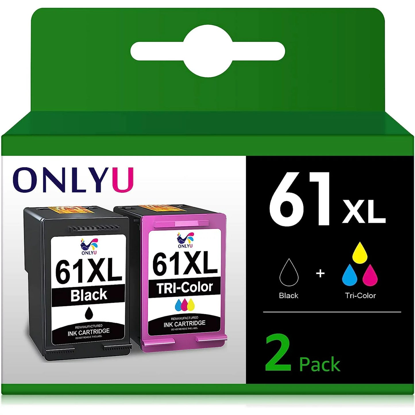 ONLYU 61 Ink Cartridges Remanufactured for HP Printers(1 Black,1 Tri-Color)