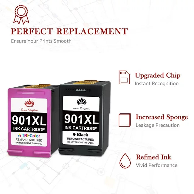 3-Pack 901XL Ink Cartridges 901 Ink Cartridge Black And Color Replacement for HP(2 Black, 1 Tri-Color)