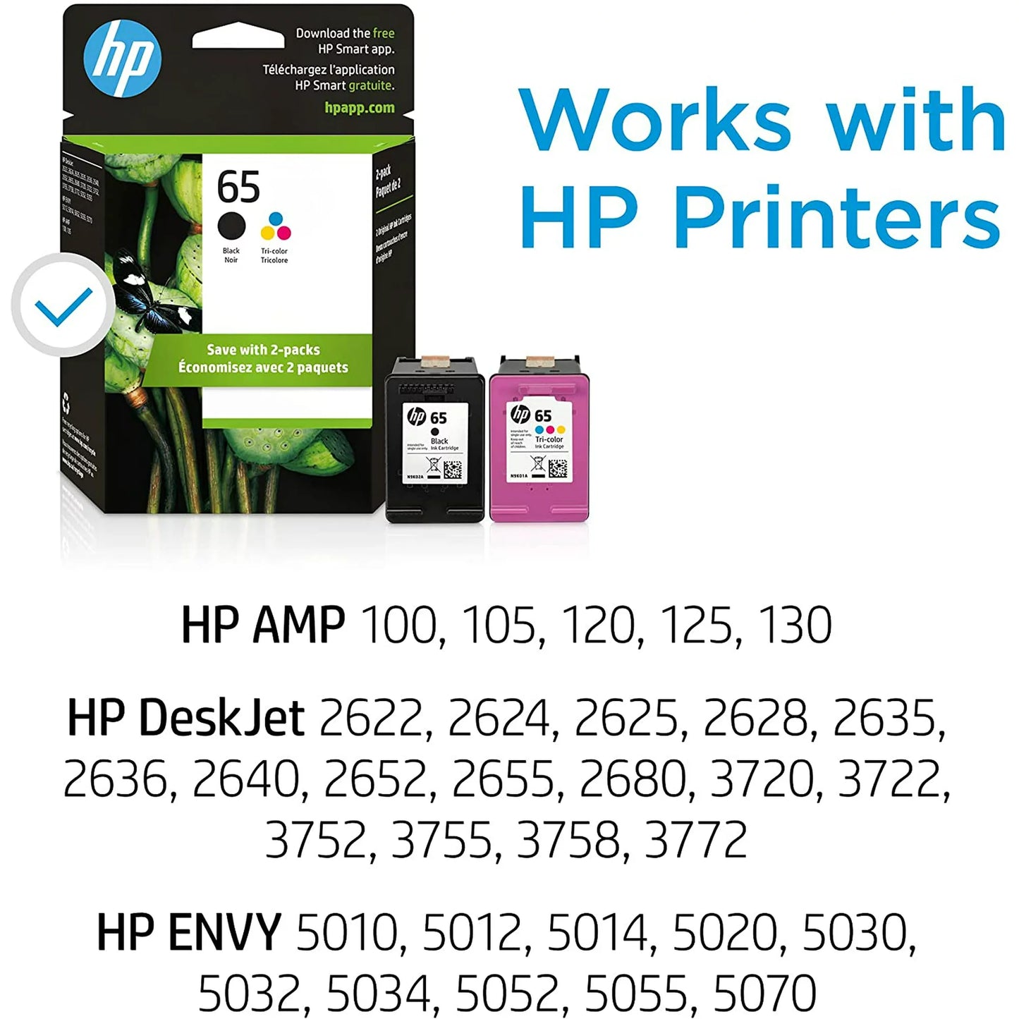 HP 65 Ink Cartridges - Black and Color (Tri-color) | Printer Ink HP 65 - 2 Pack