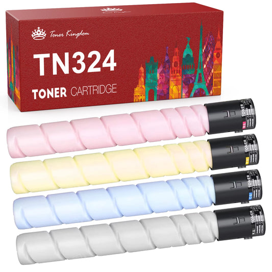 Tonerkingdom TN324 Toner Cartridge Replacement for Konica Minolta Black 28,000 & Color 26,000 Pages [KCMY 4-Pack]