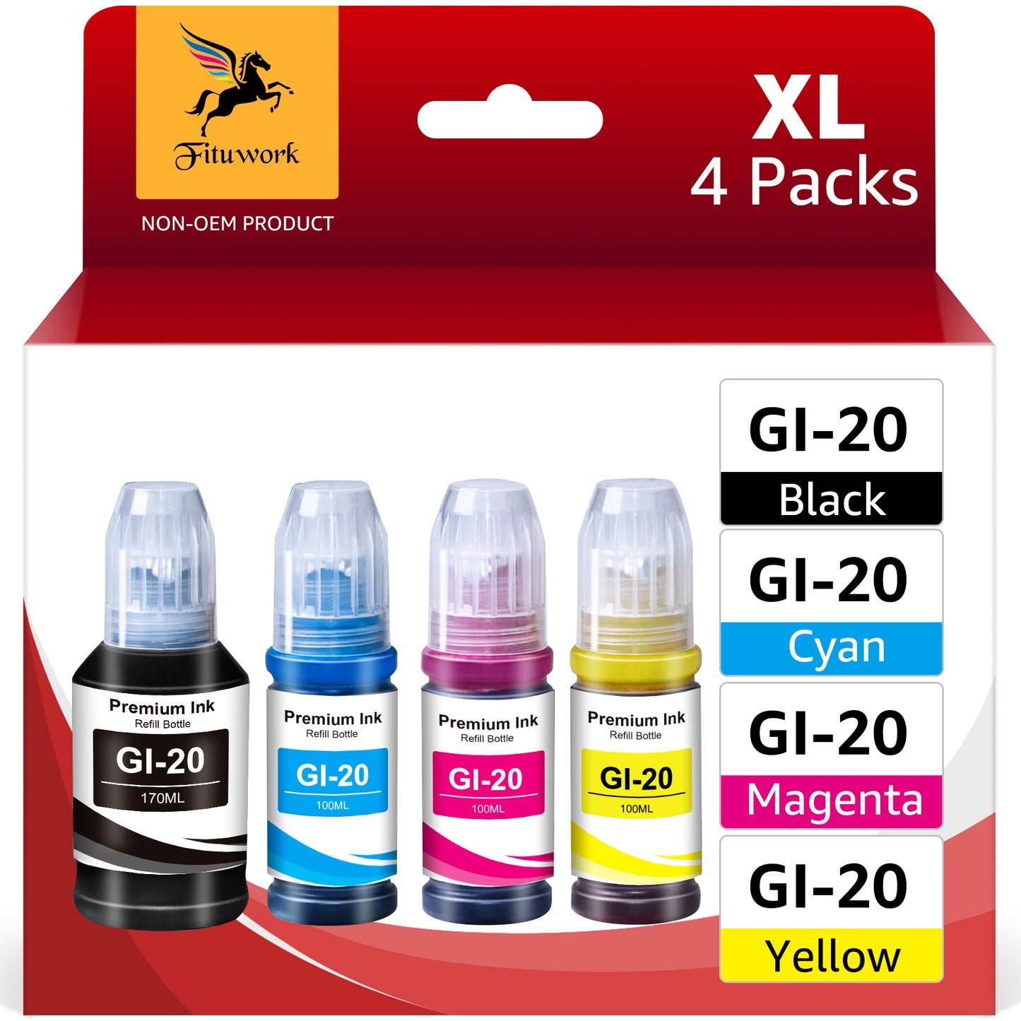 Canon GI 20 Dye Ink Replacement for Canon GI-Black Ink Refill, 70mL Cyan Magenta Yellow, 4 Packs