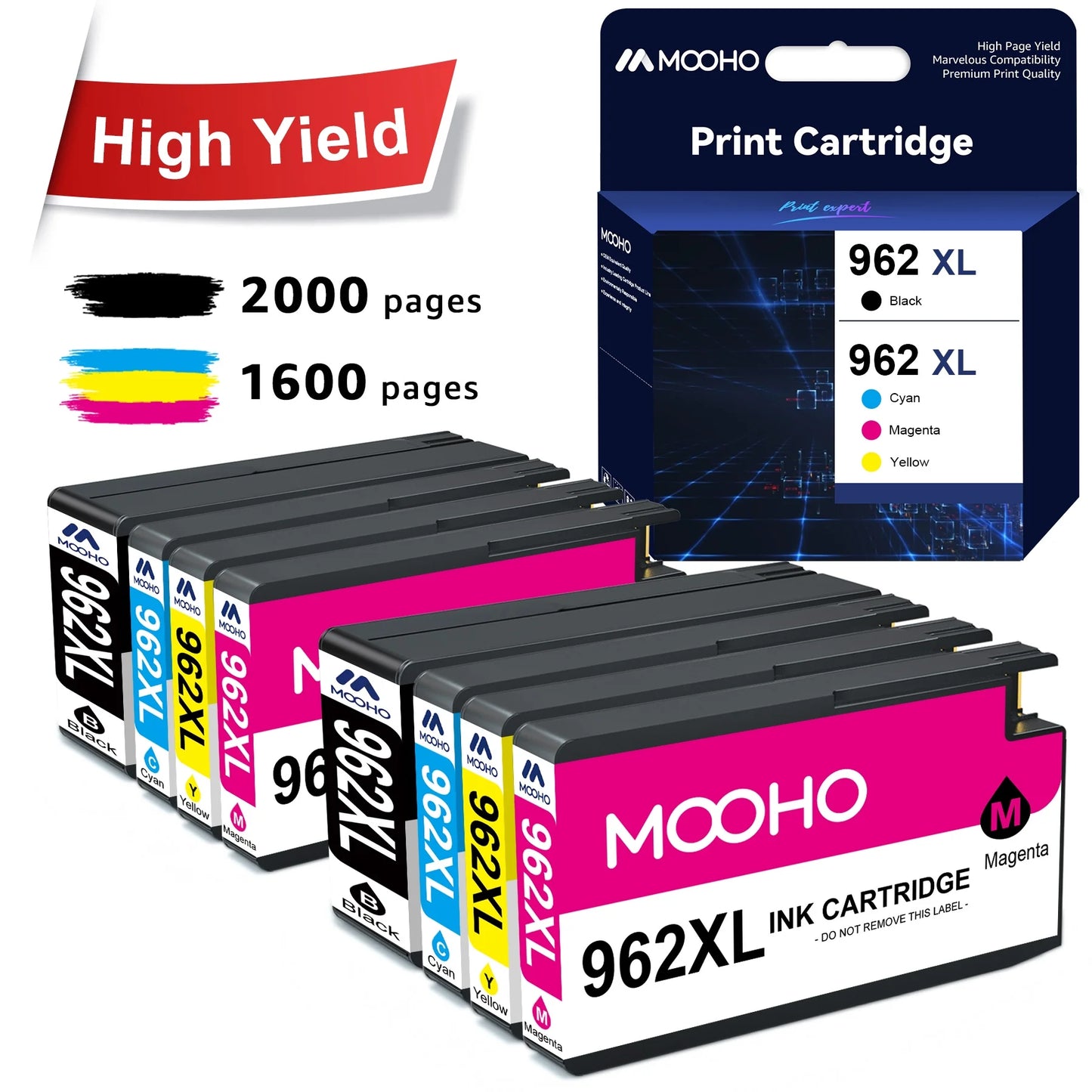 962XL 962 Ink Cartridges Replacement for HP Printer Ink 962 XL 962XL Combo Pack for HP OfficeJet Pro 9015 9010 9025 9020 9018 Printer (2 Black, 2 Cyan, 2 Magenta, 2 Yellow, 8 Pack)