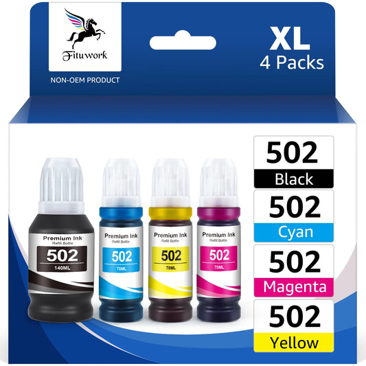 502 Ink Bottle Replacement for Epson(Black, Cyan, Magenta, Yellow, 4 Pack)