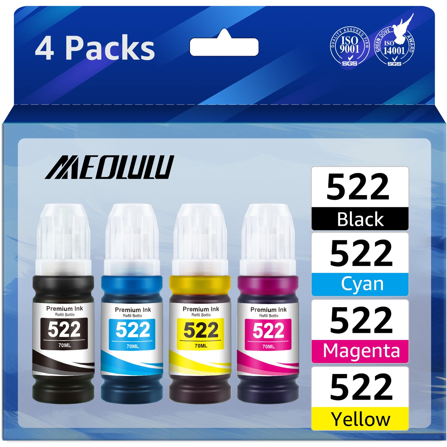 522 T522 Ink Bottle replacement for Epson 522 T522 Refill Ink for EcoTank ET-2720 ET-4700 ET-2800 ET-2803 ET-4800 Printer (Black, Cyan, Magenta, Yellow 4-Pack)