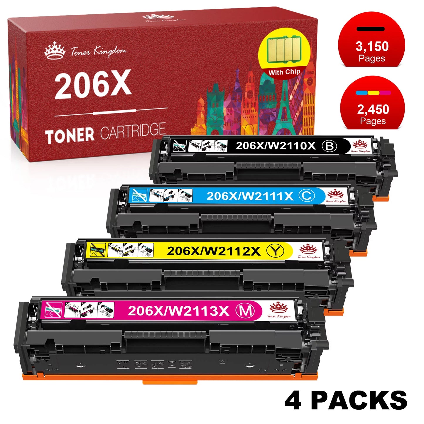 206A 206X Toner Cartridge(with Chip) for HP 206A 206X  M255dw M283 M255 Toner Printer (Black Cyan Yellow Magenta, 4-Pack)