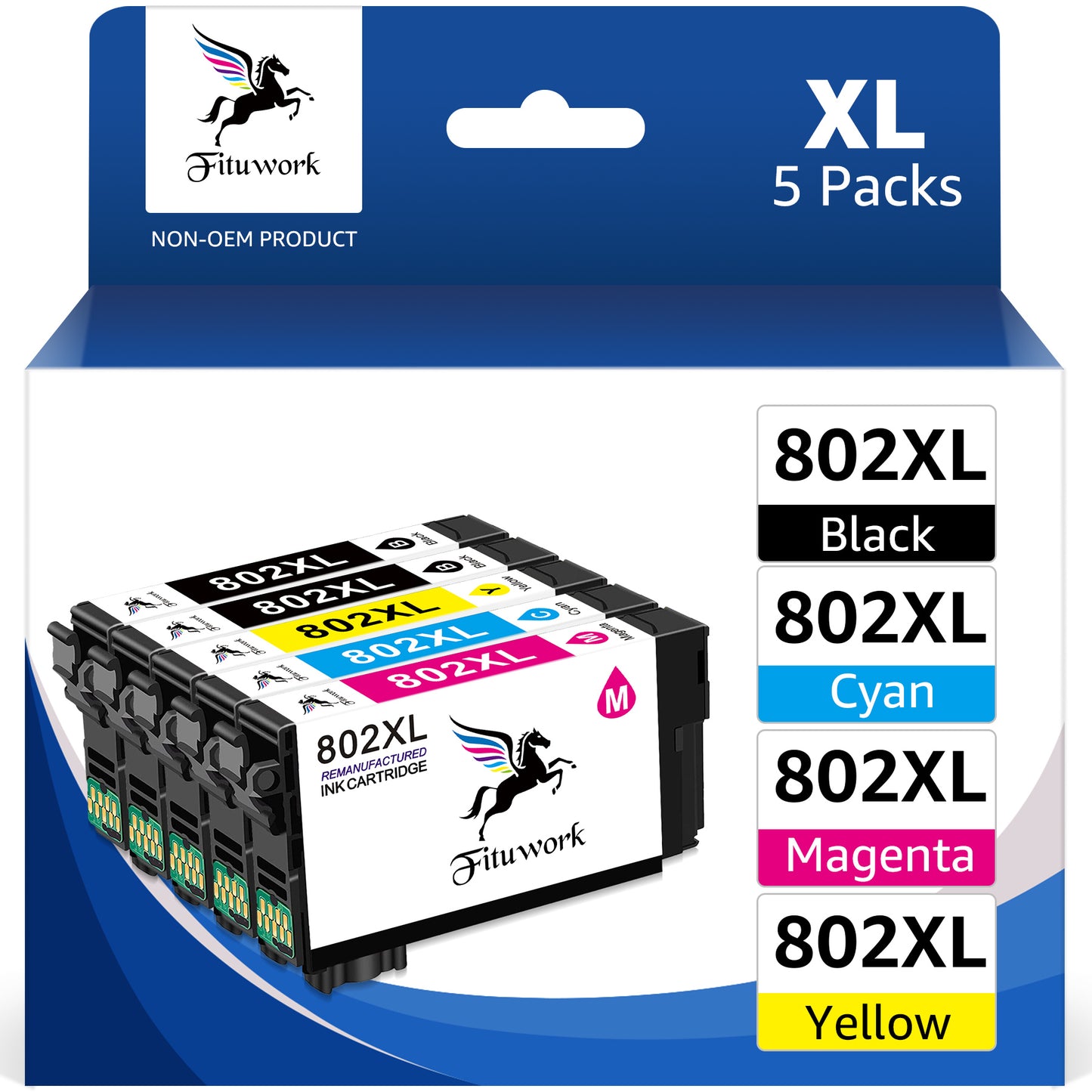 5-Pack 802XL Ink Cartridges for Epson 802XL Ink Cartridges Combo Pack for Epson 802 Ink Cartridges, 802 XL Works with Epson Workforce Pro WF-4740 WF-4730 WF-4734 WF-4720 Printers