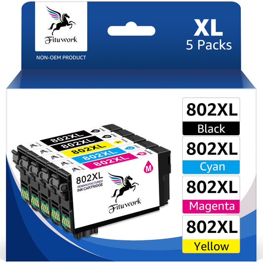 5-Pack 802XL Ink Cartridges for Epson 802XL Ink Cartridges Combo Pack for Epson 802 Ink Cartridges, 802 XL Works with Epson Workforce Pro WF-4740 WF-4730 WF-4734 WF-4720 Printers