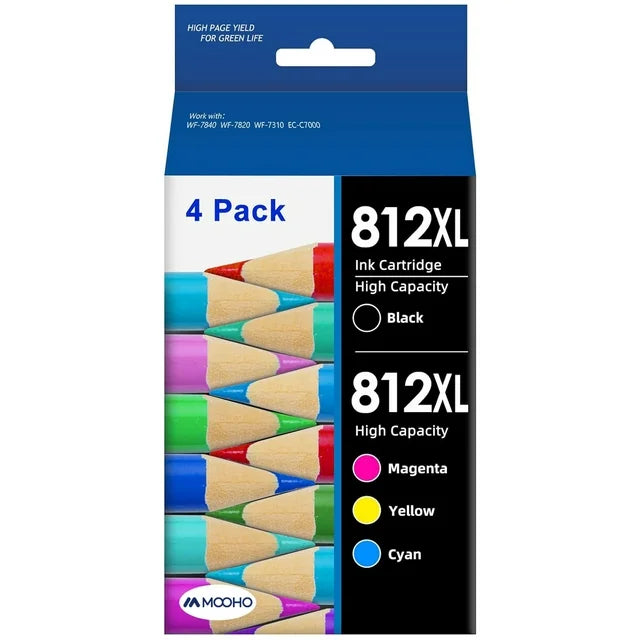 812XL Ink Cartridge for Epson(Black Cyan Magenta Yellow, 4-Pack)