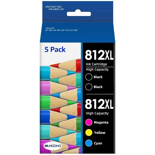 812XL Ink Cartridge for Epson(Black Cyan Magenta Yellow, 5-Pack)