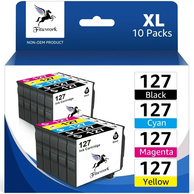 10-Pack 127XL Ink Cartridges T127XL Ink for 127  WF-7520 NX530 NX625 Printer (4 Black, 2 Cyan, 2 Magenta, 2 Yellow)