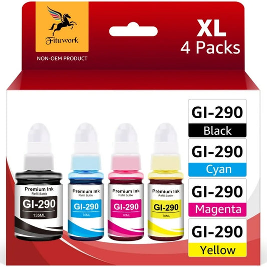 Canon GI-290 G3200 G4210 Ink Refill  G3200 G4210 G4200 G2200 G1200 Printer (Black, C/M/Y Color Ink, 4-Pack)