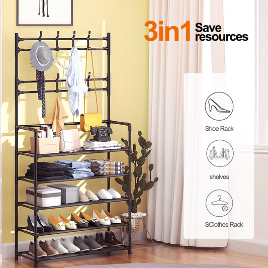 4-in-1 Coat Rack with 8 Hooks Black