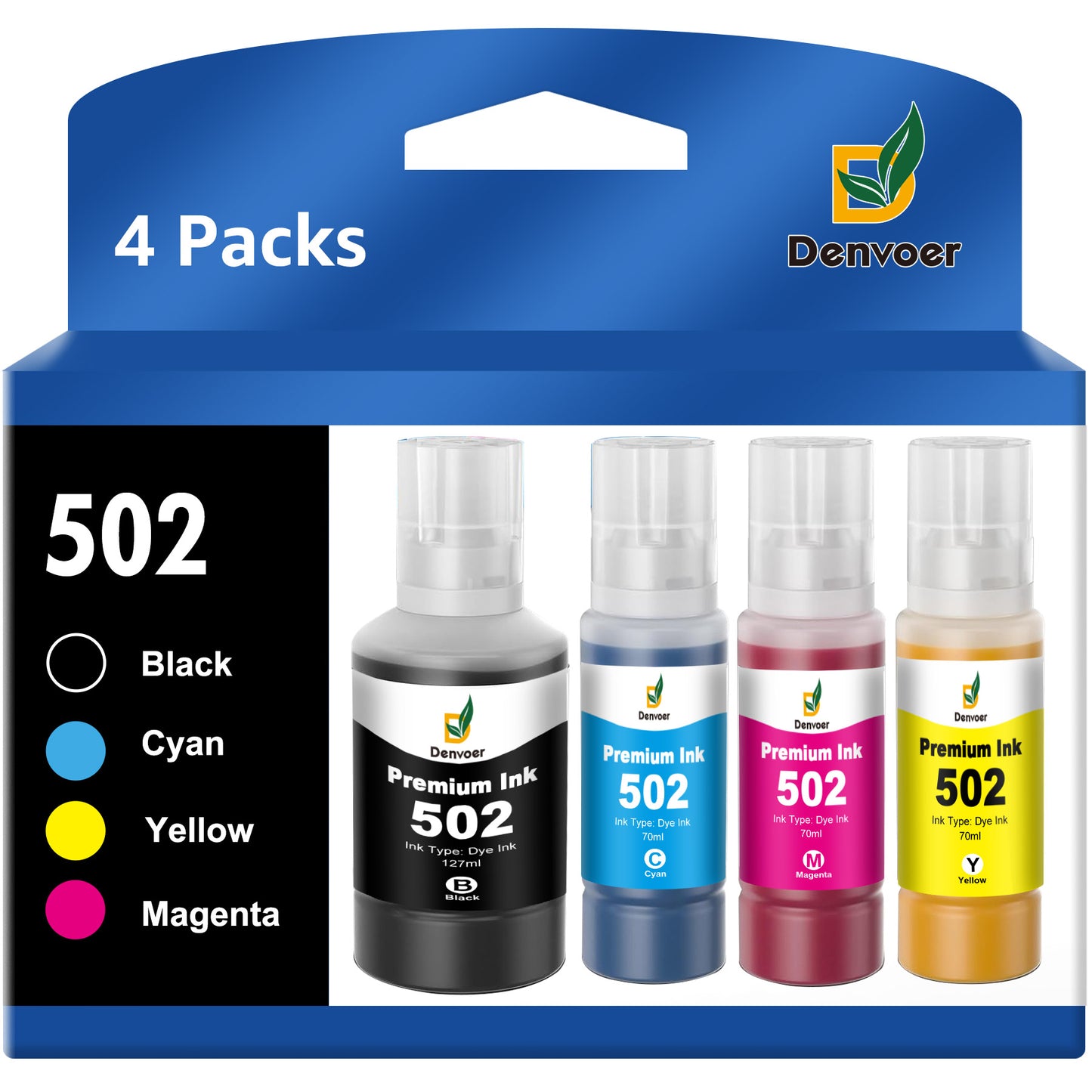 502 Ink Bottle High Capacity Replacement for Epson 502 T502 Ecotank Refill Ink for Epson ET-15000 ET-2760 ET-3710 ET-2750 ET-3700 ET-4760 ET-3750 Printer (Black, Cyan, Magenta, Yellow, 4 Pack)