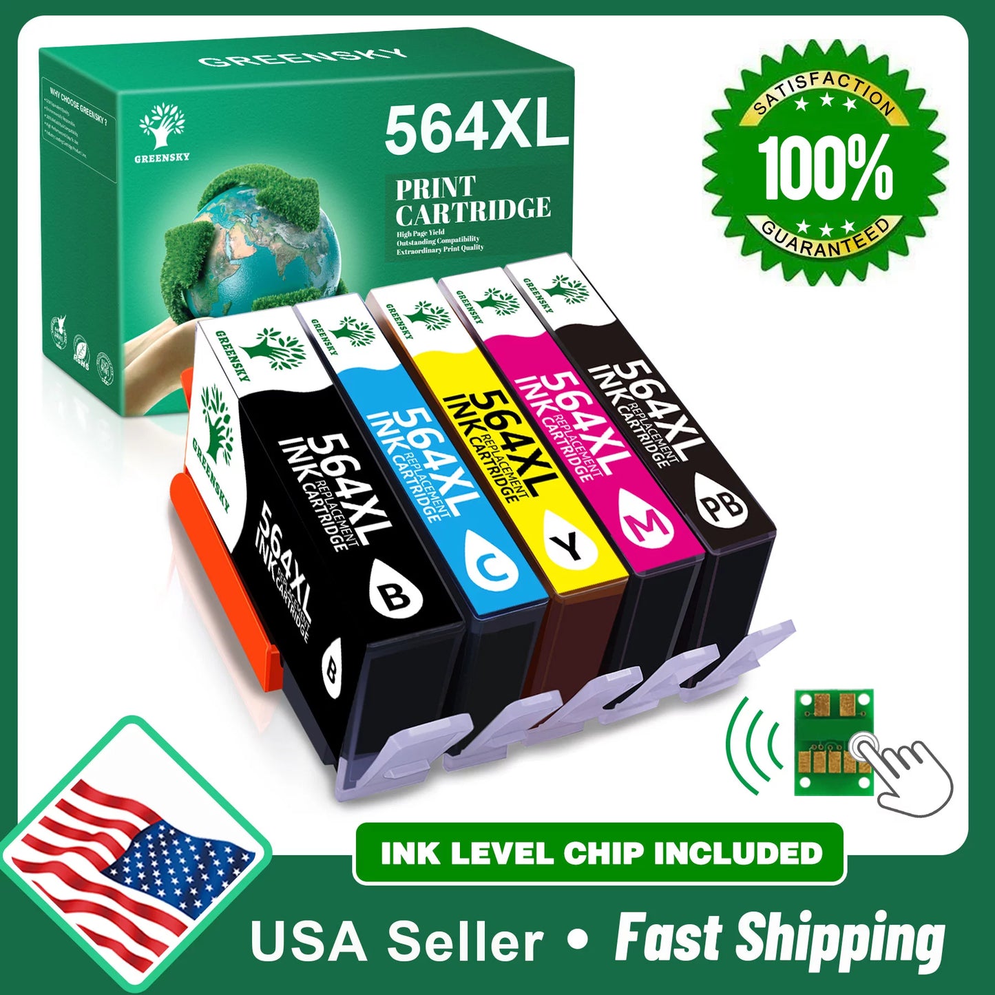 Greensky 564XL Printer Ink Replacement for HP(Photo-Black Black Cyan Magenta Yellow, 5Pcs)