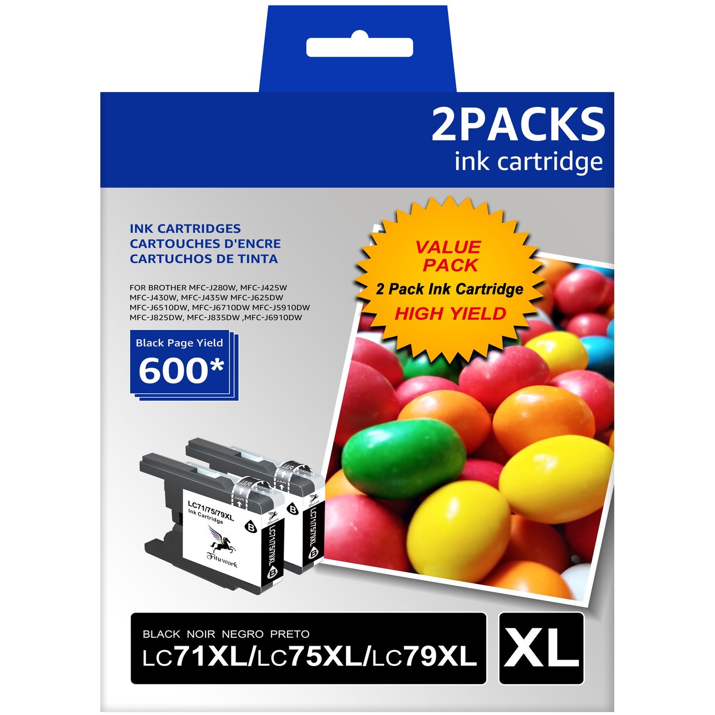 LC71 LC75 Black Ink Cartridge campatible for Brother Printer, 600 Page-Yield, Black, 2/Pack