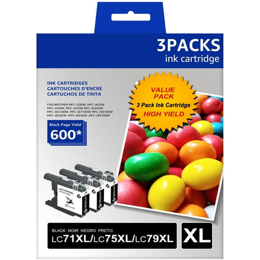 LC71 LC79 Black Ink Cartridge campatible for Brother Printer, 600 Page-Yield, Black, 3/Pack