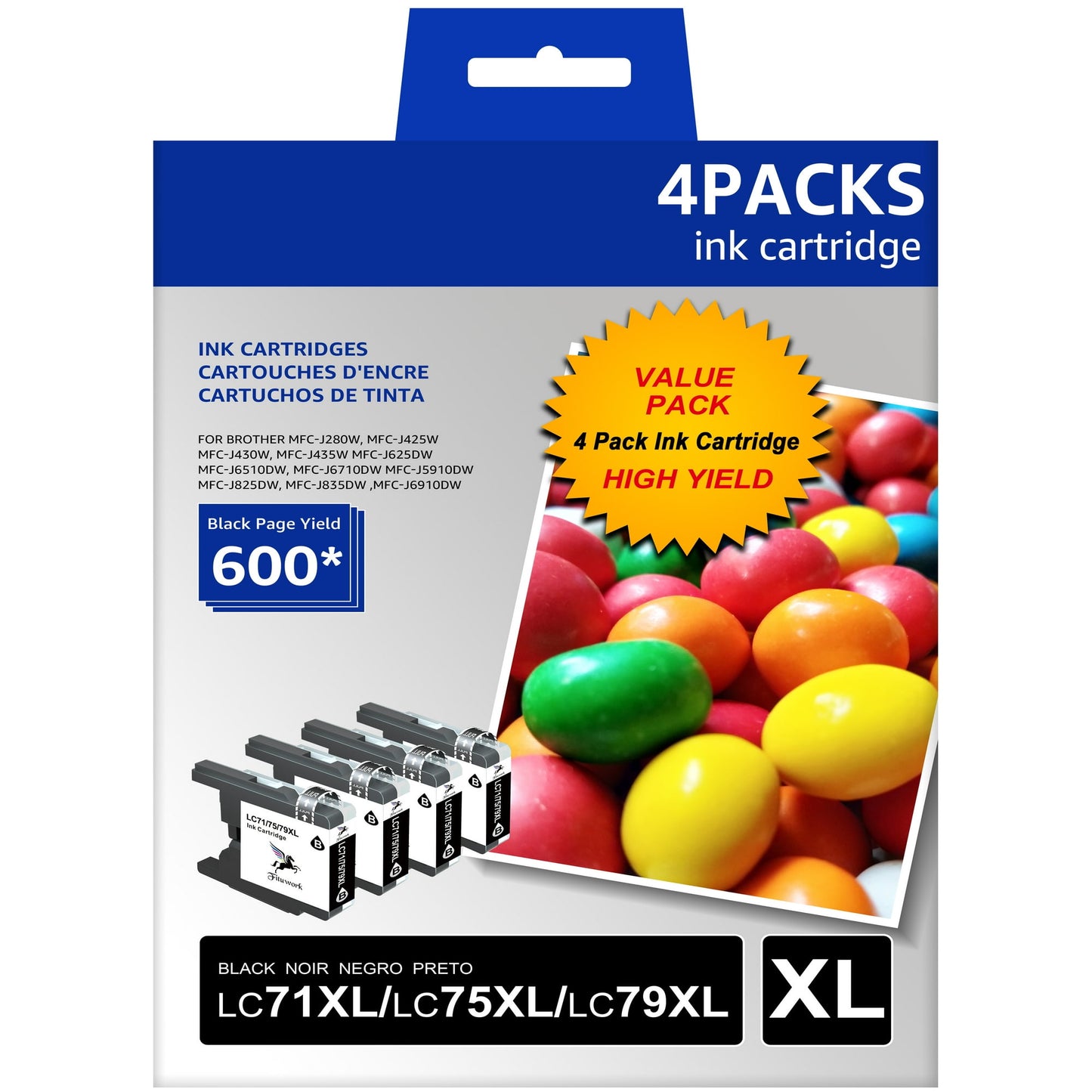 LC75 Black Ink Cartridge campatible for Brother Printer, 600 Page-Yield, Black, 4/Pack