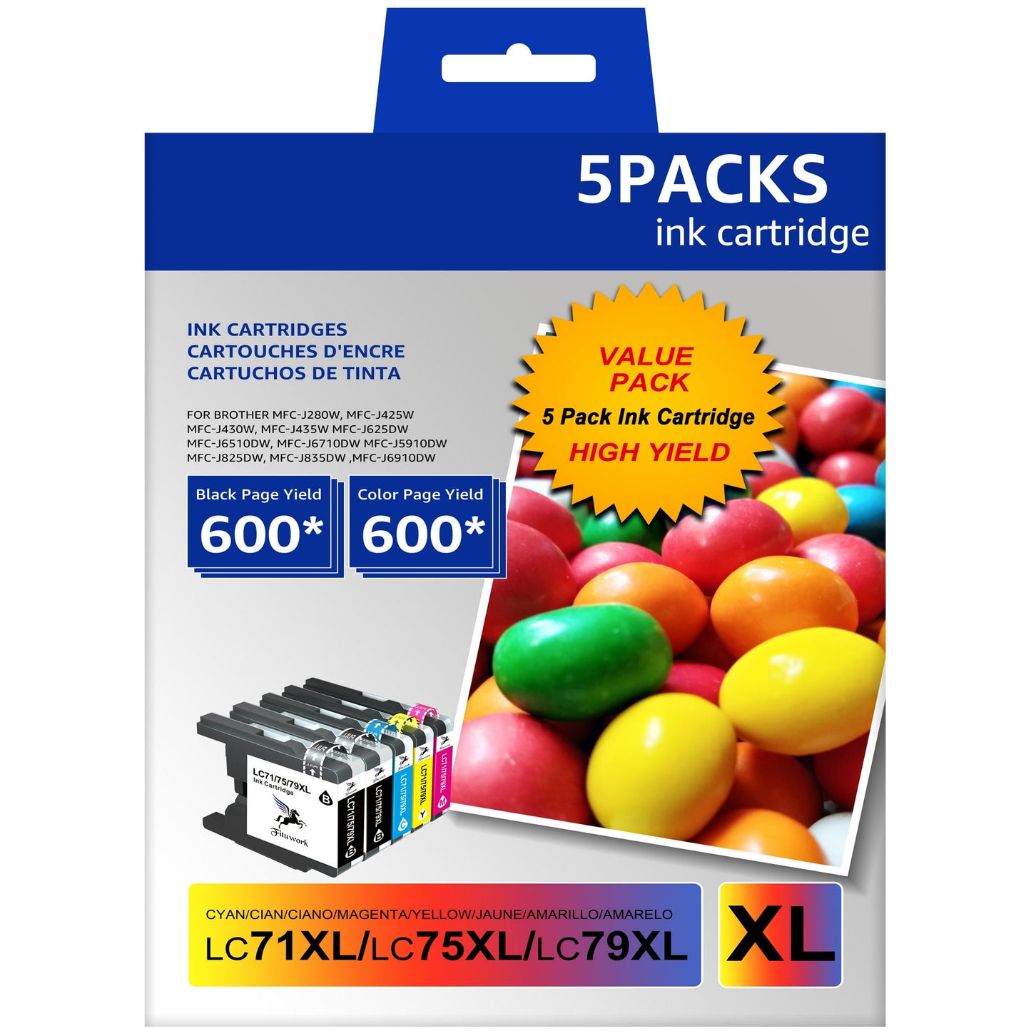 LC79 LC75 Ink Cartridge campatible for Brother Printer,(2 Black, 1 Cyan, 1 Magenta, 1 Yellow)