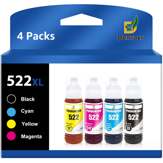 522 T522 Ink Bottle replacement for Epson 522 T522 Refill Ink for EcoTank ET-2720 ET-4700 ET-2800 ET-2803 ET-4800 Printer (Black, Cyan, Magenta, Yellow 4-Pack)